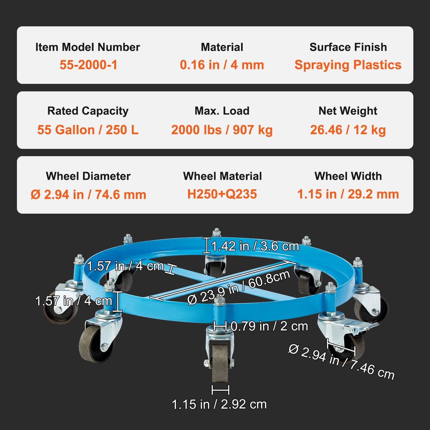 Heavy Duty 55 Gallon Drum Dolly with 907 kg Capacity and 8 Swivel Casters
