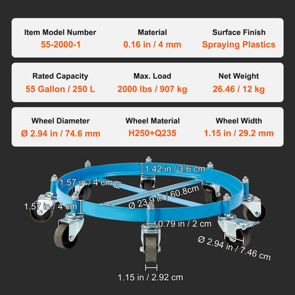 Heavy Duty 55 Gallon Drum Dolly with 907 kg Capacity and 8 Swivel Casters