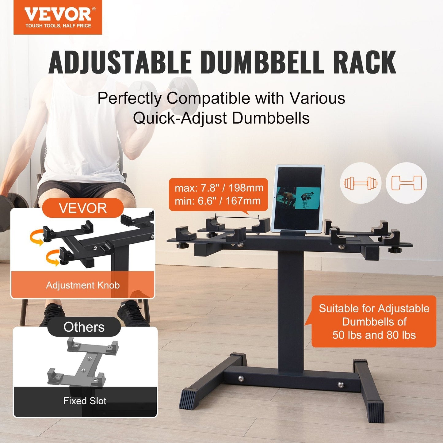 Adjustable Dumbbell Stand with Media Rack, Home Gym Storage Solution, 136 kg Capacity