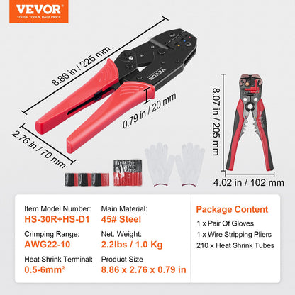 VEVOR Crimping Tool, AWG22-10 Heat Shrink/Nylon/Insulated Terminal Crimper, Labor-Saving