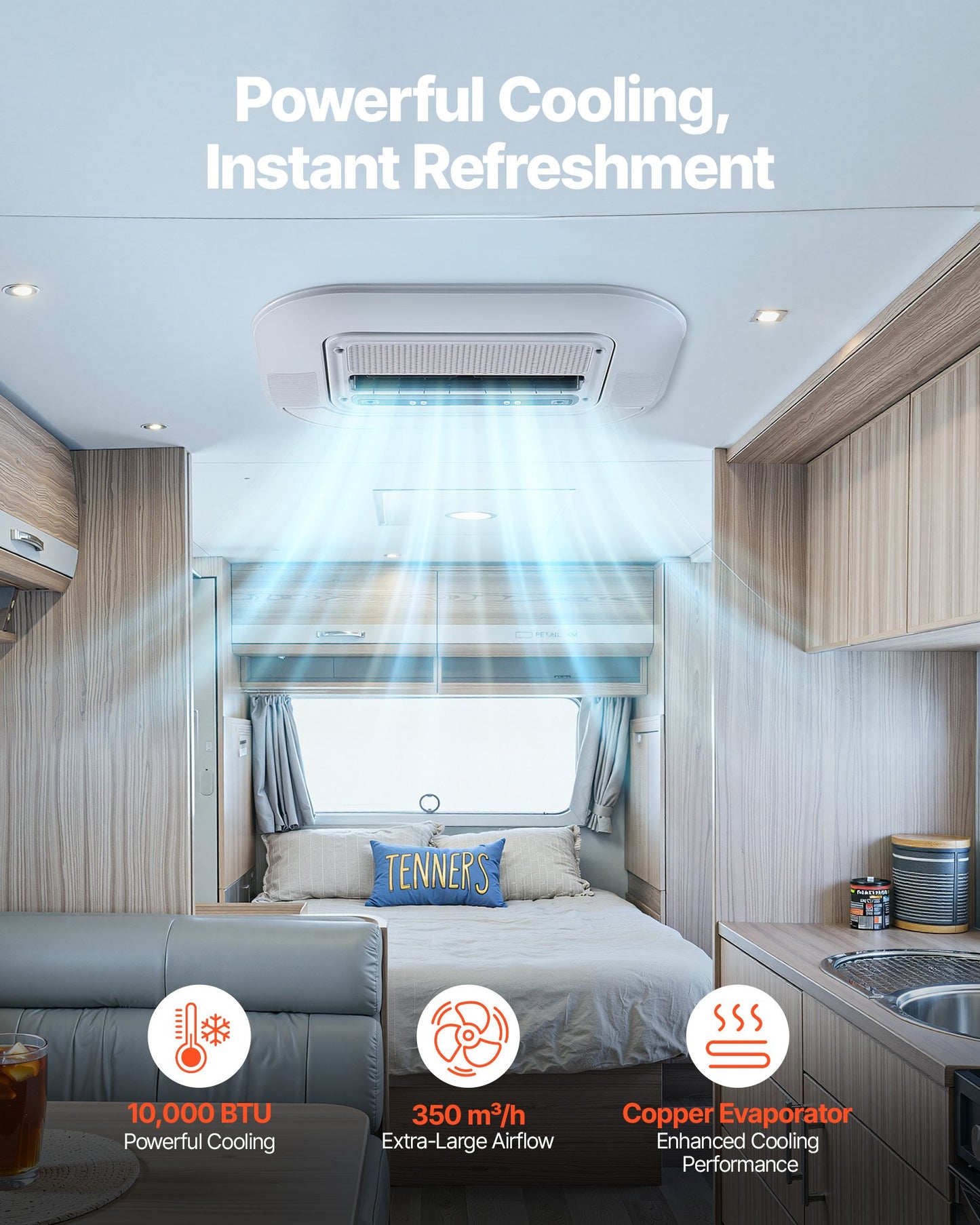 Truck Air Conditioner, 12V 10000 BTU RV Rooftop AC Unit, 350 m³/h Airflow Cab Air Conditioner with Copper Evaporator, Quiet A/C Unit Fast Cooling for Semi Truck Trailer Motorhome Tractor Caravan