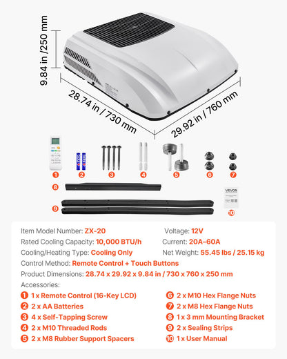 Truck Air Conditioner, 12V 10000 BTU RV Rooftop AC Unit, 350 m³/h Airflow Cab Air Conditioner with Copper Evaporator, Quiet A/C Unit Fast Cooling for Semi Truck Trailer Motorhome Tractor Caravan