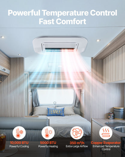 Truck Air Conditioner, 12V 10000 BTU RV Rooftop AC Unit, 350 m³/h Airflow, Cooling & Heating 2 in 1 Function Cab Air Conditioner, Quiet A/C Unit for Semi Truck Trailer Motorhome Tractor Caravan