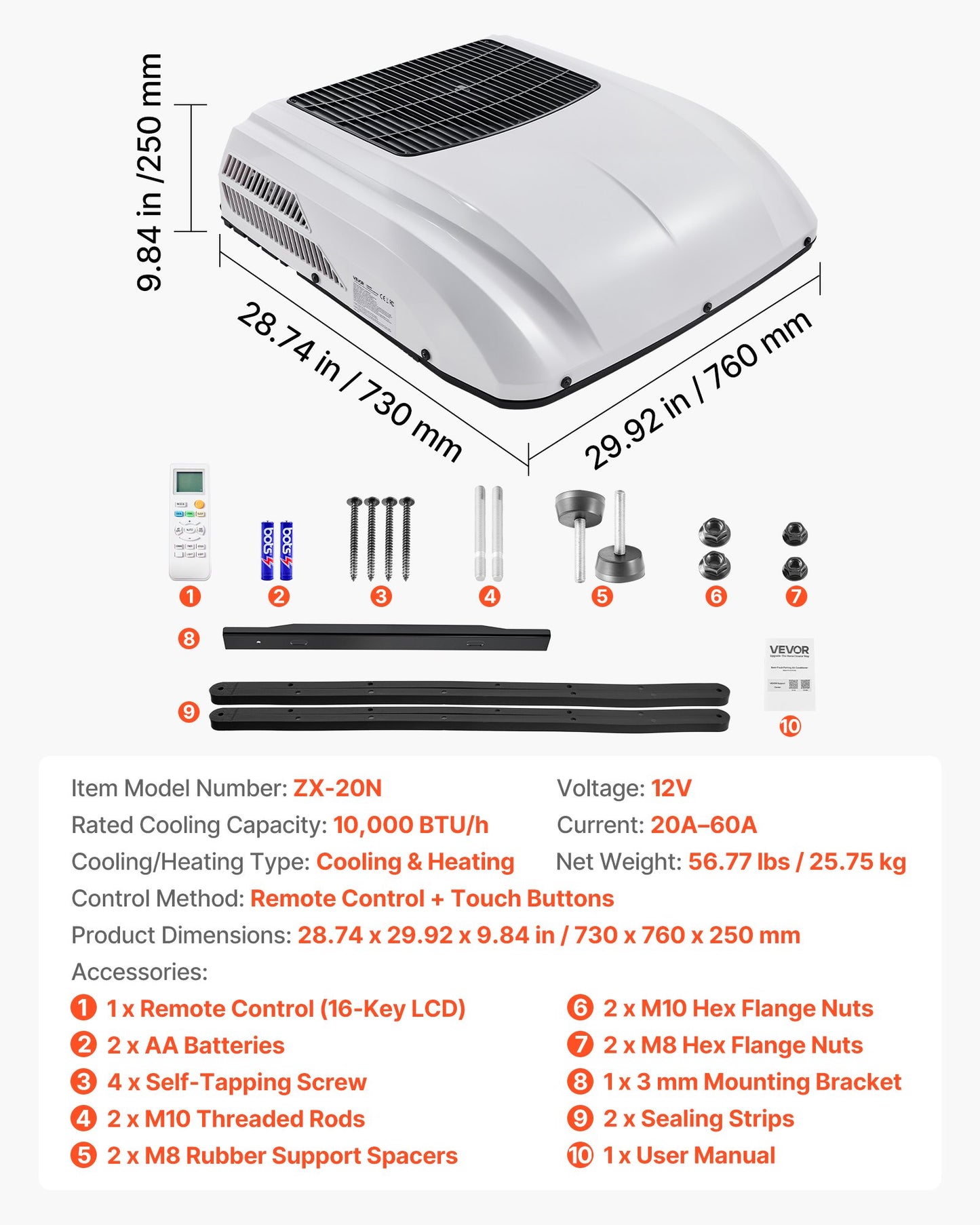 Truck Air Conditioner, 12V 10000 BTU RV Rooftop AC Unit, 350 m³/h Airflow, Cooling & Heating 2 in 1 Function Cab Air Conditioner, Quiet A/C Unit for Semi Truck Trailer Motorhome Tractor Caravan