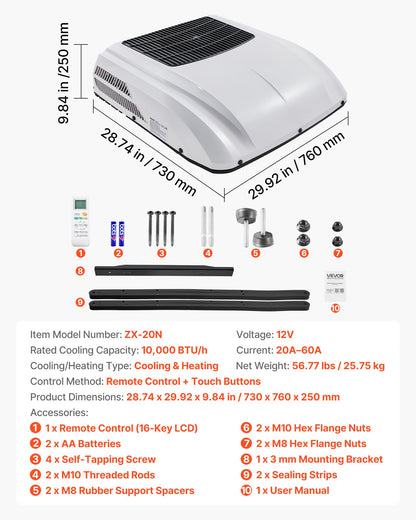 Truck Air Conditioner, 12V 10000 BTU RV Rooftop AC Unit, 350 m³/h Airflow, Cooling & Heating 2 in 1 Function Cab Air Conditioner, Quiet A/C Unit for Semi Truck Trailer Motorhome Tractor Caravan