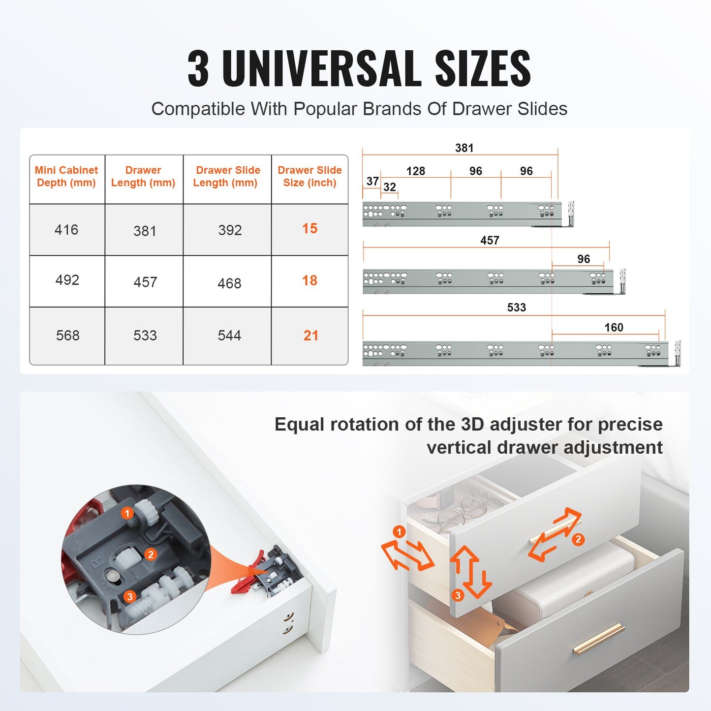 VEVOR 6 Pairs of 457.2mm Drawer Bottom Side Mount Rails, Heavy Duty Full Ball Bearing
