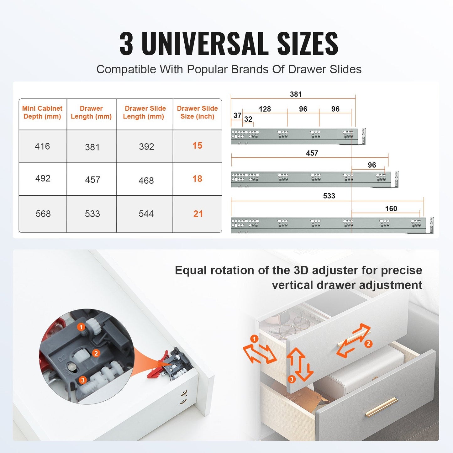 6 Pairs of 0.46m Drawer Rails, Heavy Duty Soft-Close Steel Glides with Lock