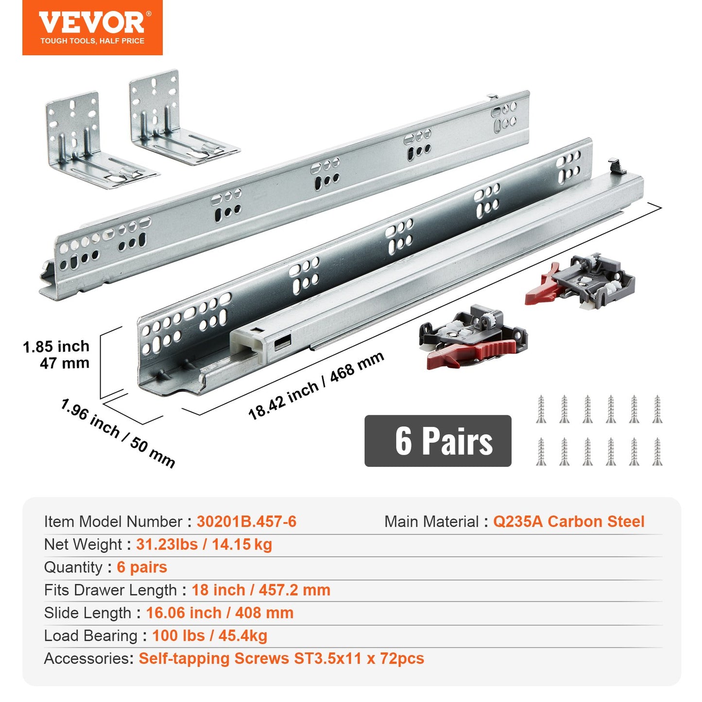 VEVOR 6 Pairs of 457.2mm Drawer Bottom Side Mount Rails, Heavy Duty Full Ball Bearing