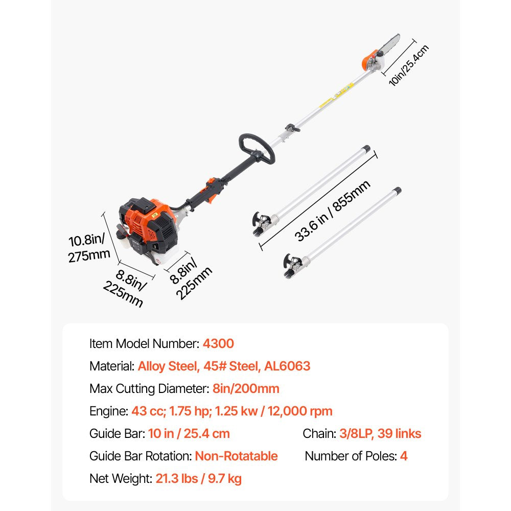 Gas Pole Saw Tree Trimmer Rotatable Head 43CC 2-Stroke 25.4 cm Cutting Bar