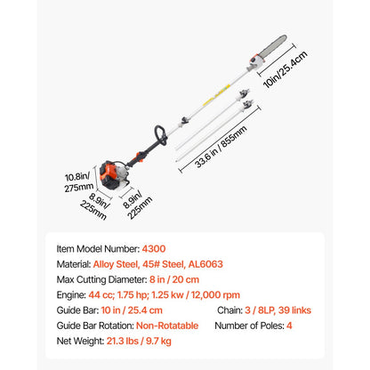 Gas Pole Saw 43CC 2-Stroke Cordless Tree Trimmer 25.4 cm Cutting Bar