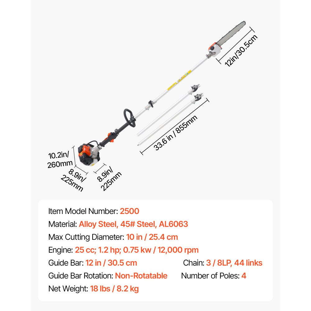 Gas Pole Saw 25CC 2-Stroke Cordless Tree Trimmer 30.5 cm Cutting Bar
