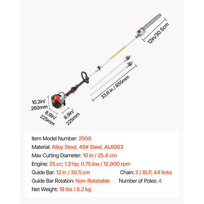 Gas Pole Saw 25CC 2-Stroke Cordless Tree Trimmer 30.5 cm Cutting Bar
