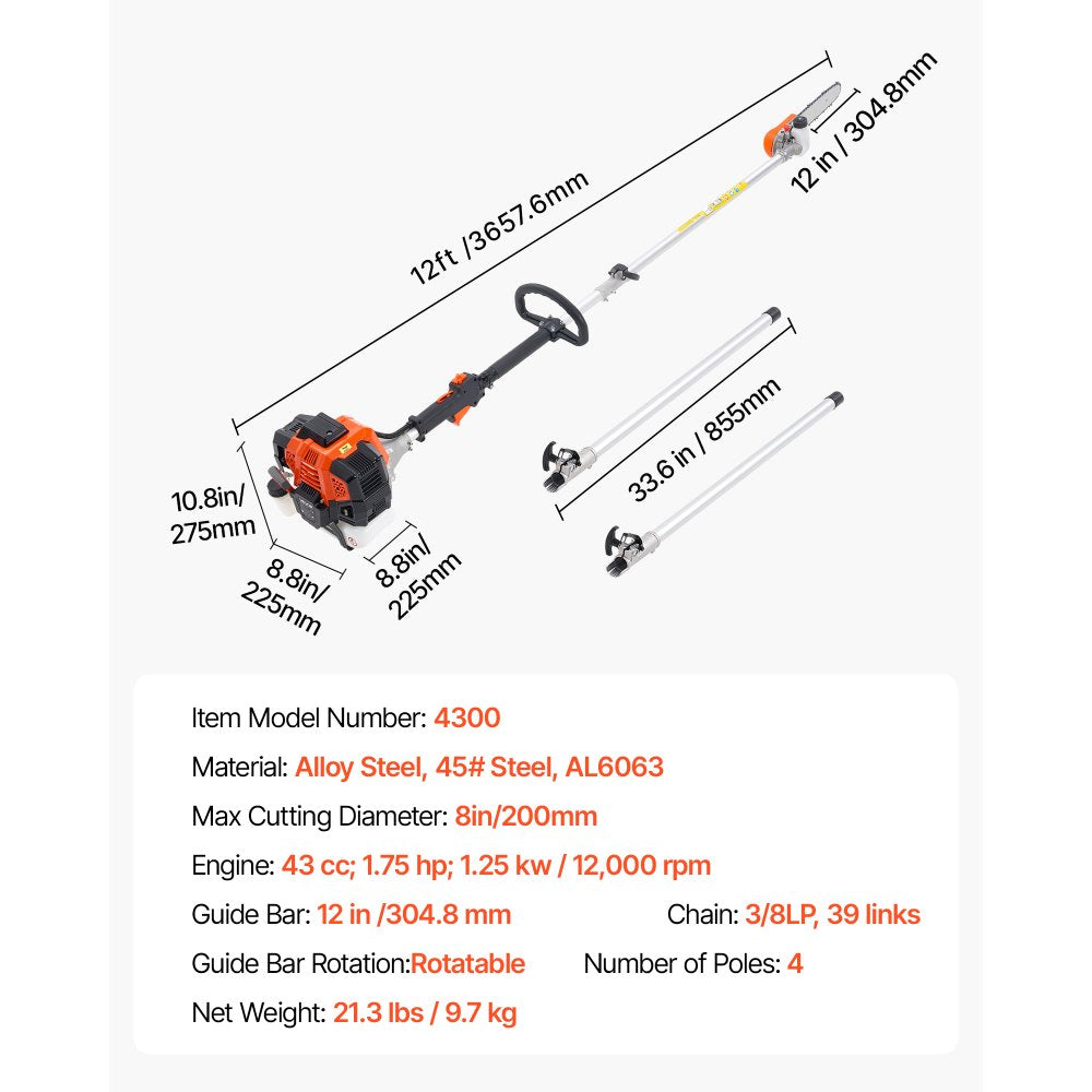 Gas Pole Saw Rotatable Head 43CC 2-Stroke Tree Trimmer 30.48cm Cutting Bar
