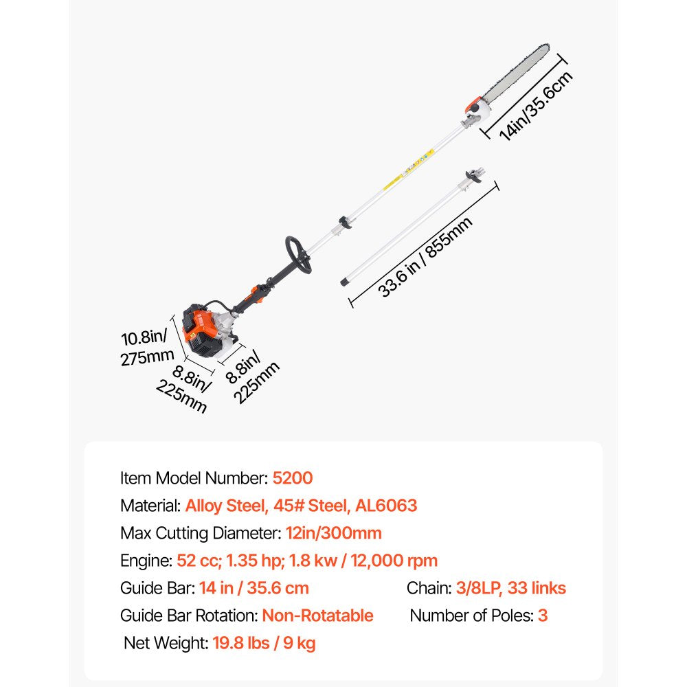 Gas Pole Saw 52CC 2-Stroke Cordless Tree Trimmer 35.6 cm Cutting Bar