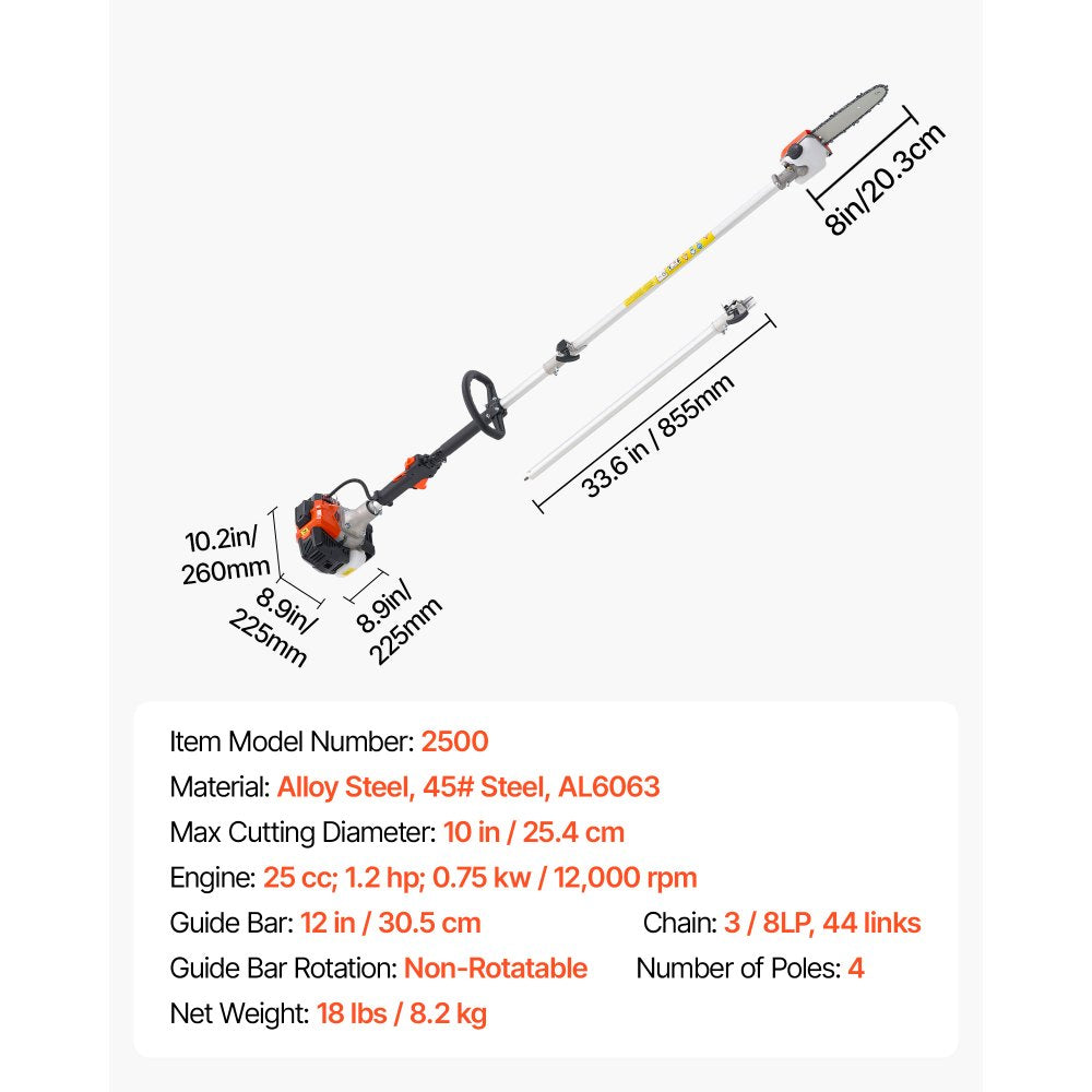 Gas Pole Saw 25CC 2-Stroke Cordless Tree Trimmer 20.3 cm Cutting Bar