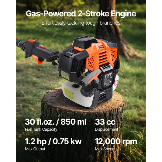 Gas Pole Saw 33CC 2-Stroke Cordless Tree Trimmer 20.3 cm Cutting Bar
