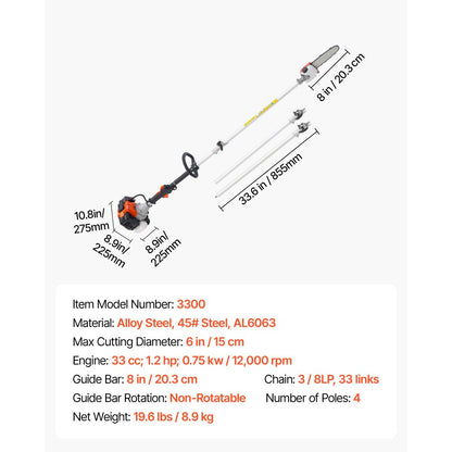 Gas Pole Saw 33CC 2-Stroke Cordless Tree Trimmer 20.3 cm Cutting Bar