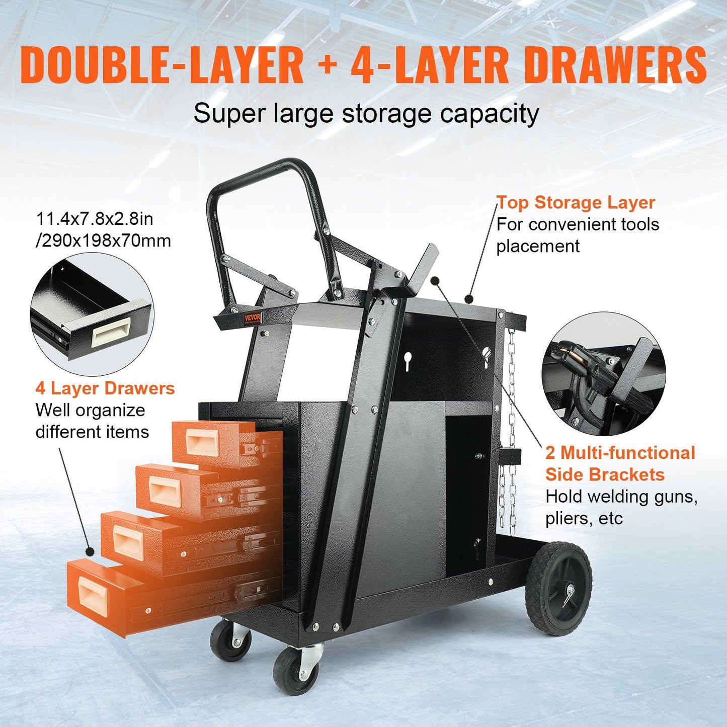 2-Tier Welding Cart with 4 Drawers, 120 kg Capacity, Swivel Wheels & Tank Storage