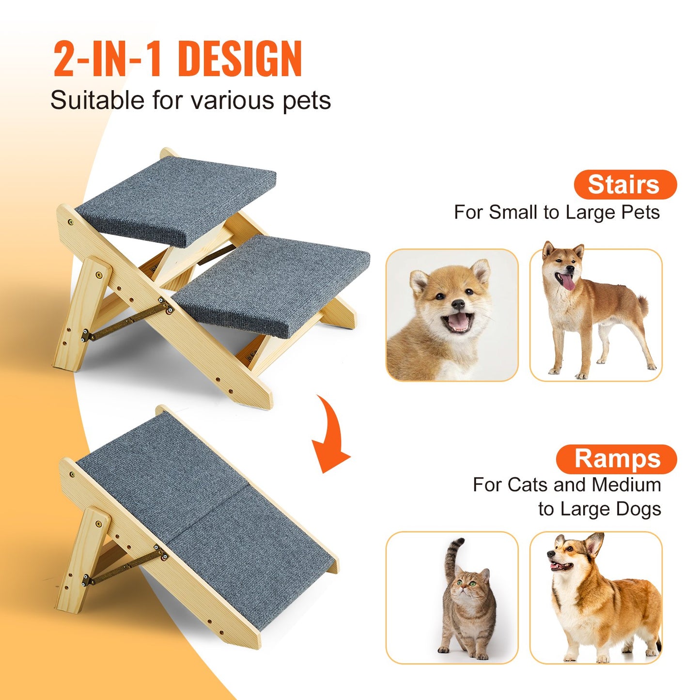 VEVOR Wood Pet Stairs/Pet Steps, 2-in-1 Foldable Wooden Dog Stair for Beds, Sofa