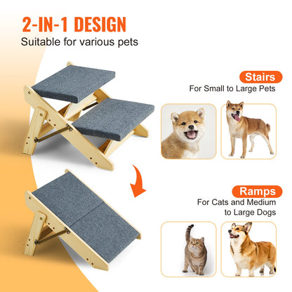 VEVOR Wood Pet Stairs/Pet Steps, 2-in-1 Foldable Wooden Dog Stair for Beds, Sofa