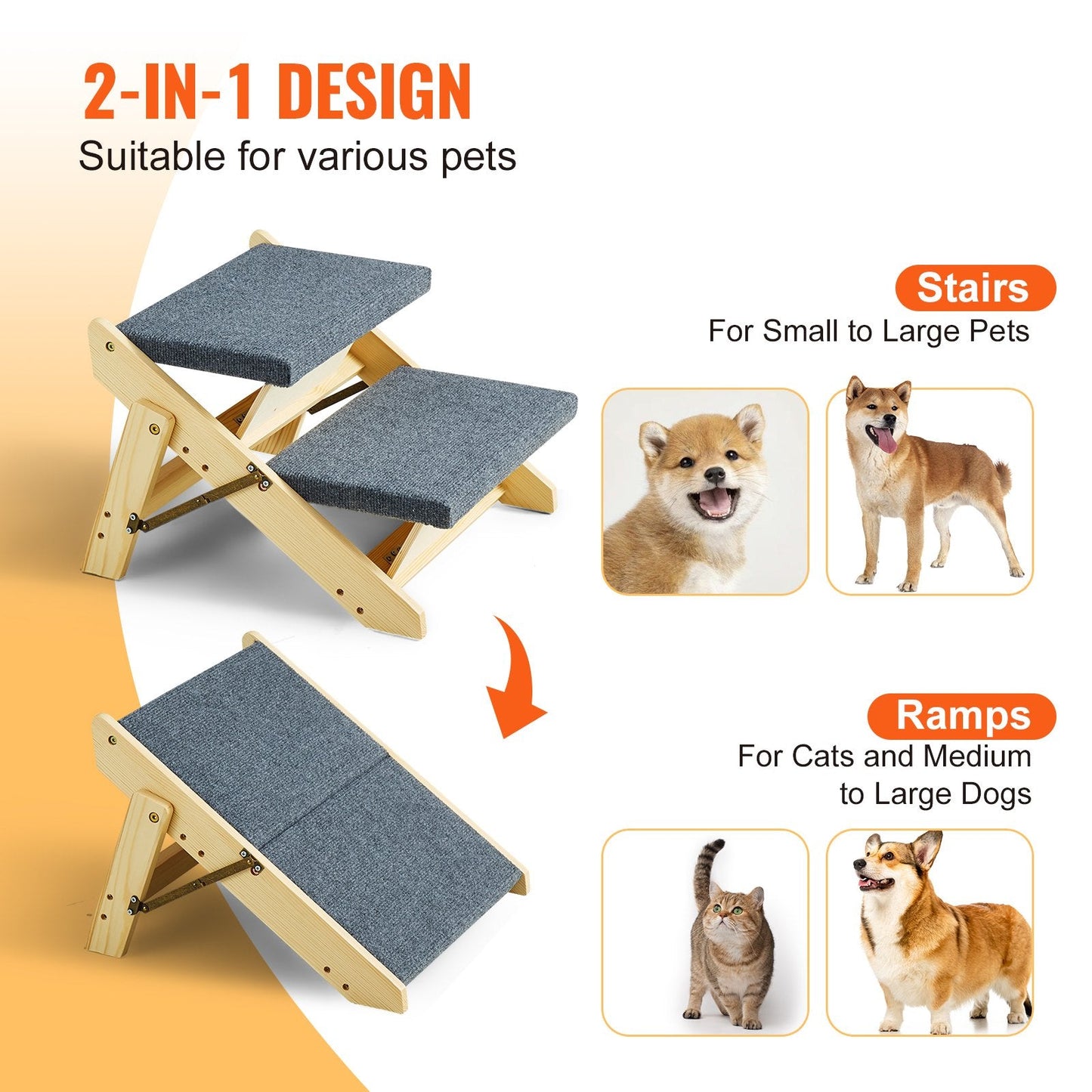Foldable Wooden Pet Stairs & Ramp for Beds and Sofas, Supports Up to 50 kg