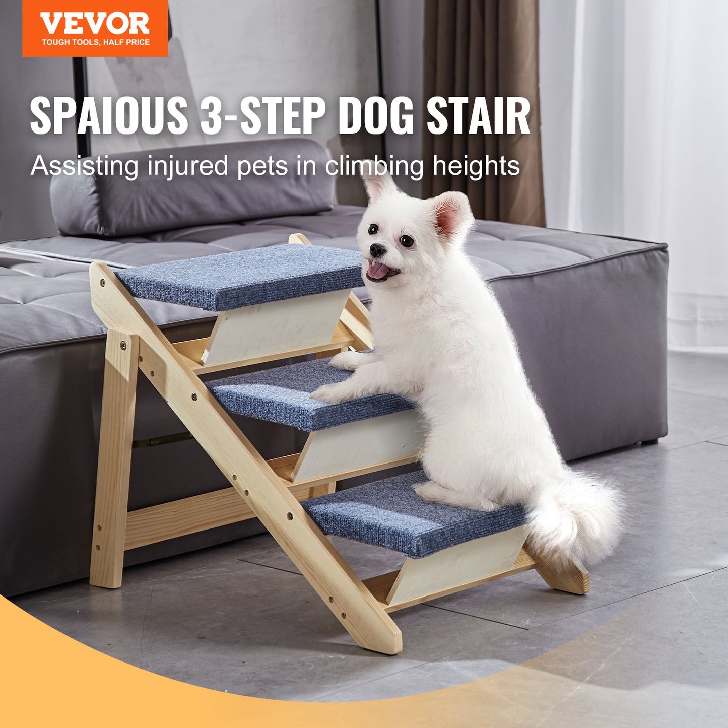 VEVOR Wood Pet Stairs/Pet Steps, 2-in-1 Foldable Wooden Dog Stair for Beds, Sofa