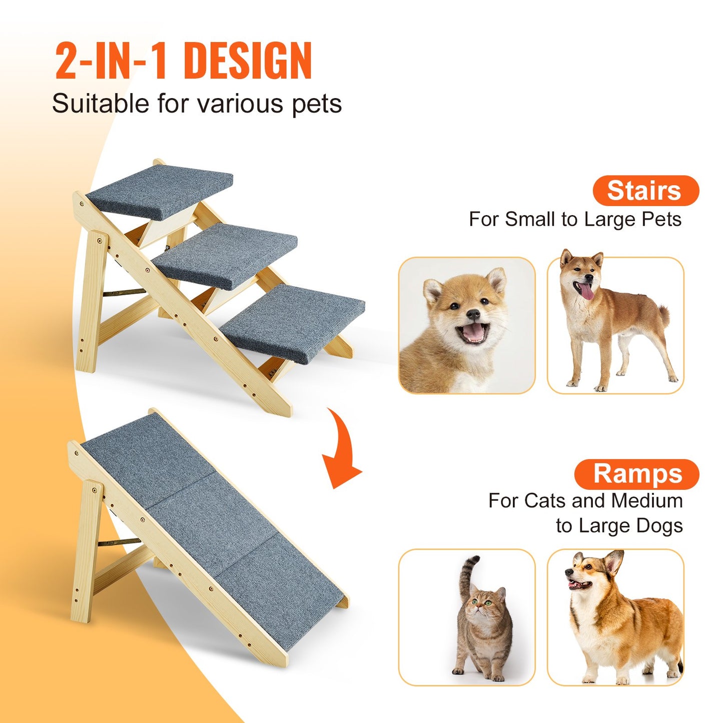 VEVOR Wood Pet Stairs/Pet Steps, 2-in-1 Foldable Wooden Dog Stair for Beds, Sofa
