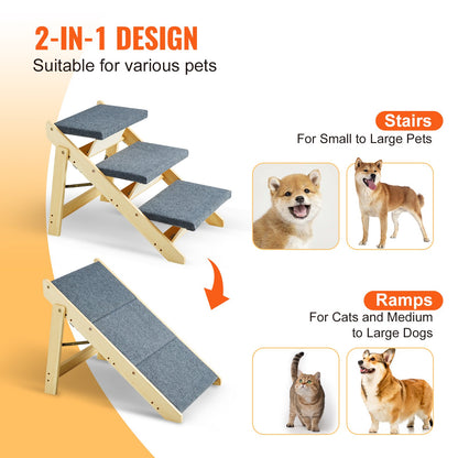VEVOR Wood Pet Stairs/Pet Steps, 2-in-1 Foldable Wooden Dog Stair for Beds, Sofa