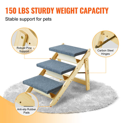VEVOR Wood Pet Stairs/Pet Steps, 2-in-1 Foldable Wooden Dog Stair for Beds, Sofa