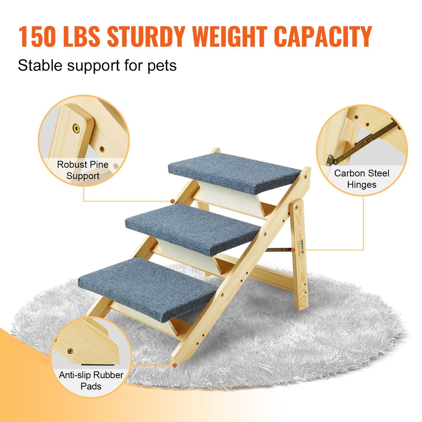 Foldable Wooden Pet Stairs & Ramp, 3 Steps, Supports Up to 68 kg