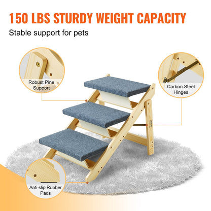 Foldable Wooden Pet Stairs & Ramp, 3 Steps, Supports Up to 68 kg
