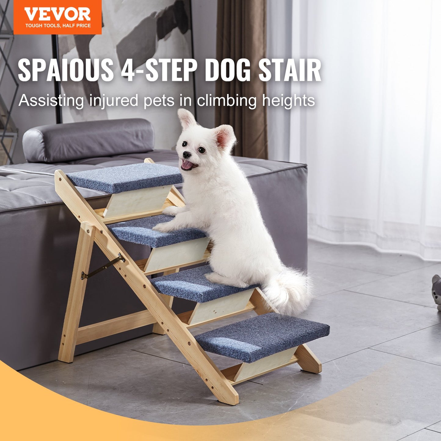 VEVOR Wood Pet Stairs/Pet Steps, 2-in-1 Foldable Wooden Dog Stair for Beds, Sofa