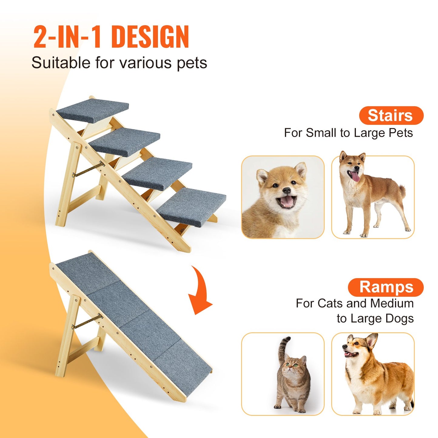 VEVOR Wood Pet Stairs/Pet Steps, 2-in-1 Foldable Wooden Dog Stair for Beds, Sofa