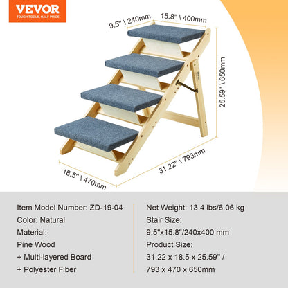 VEVOR Wood Pet Stairs/Pet Steps, 2-in-1 Foldable Wooden Dog Stair for Beds, Sofa