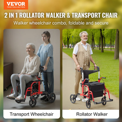 VEVOR 2 in 1 Rollator Walker & Transport Chair for Seniors, Folding Rolling Walker