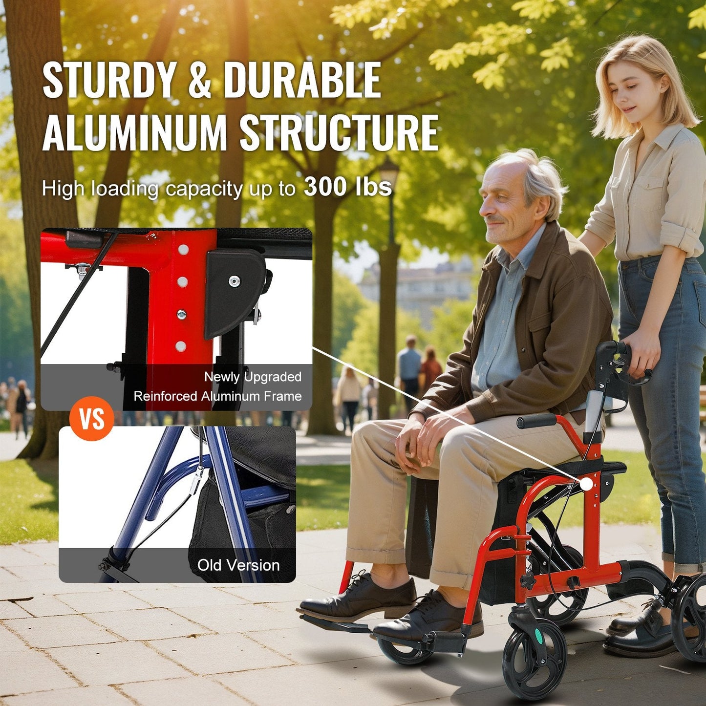2-in-1 Senior Walker & Transport Chair, Folding Aluminum, 136kg Capacity