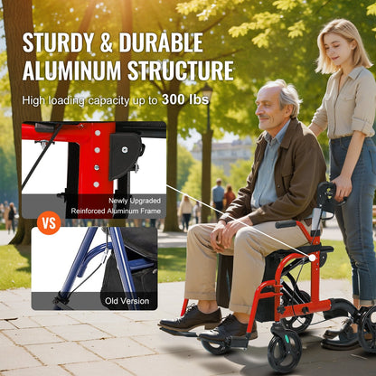 2-in-1 Senior Walker & Transport Chair, Folding Aluminum, 136kg Capacity