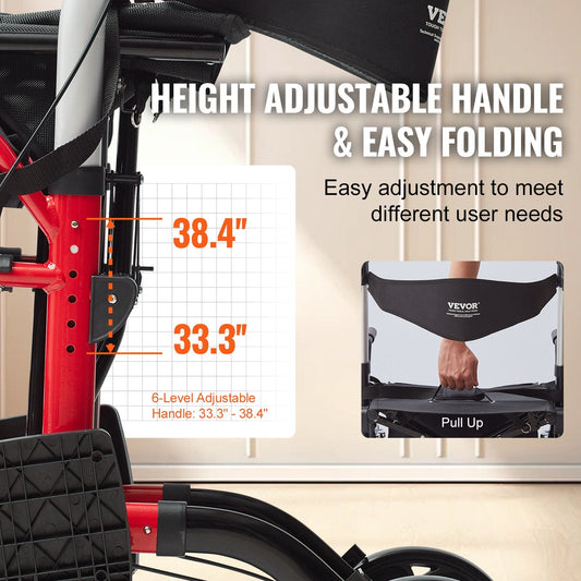 2-in-1 Senior Walker & Transport Chair, Folding Aluminum, 136kg Capacity