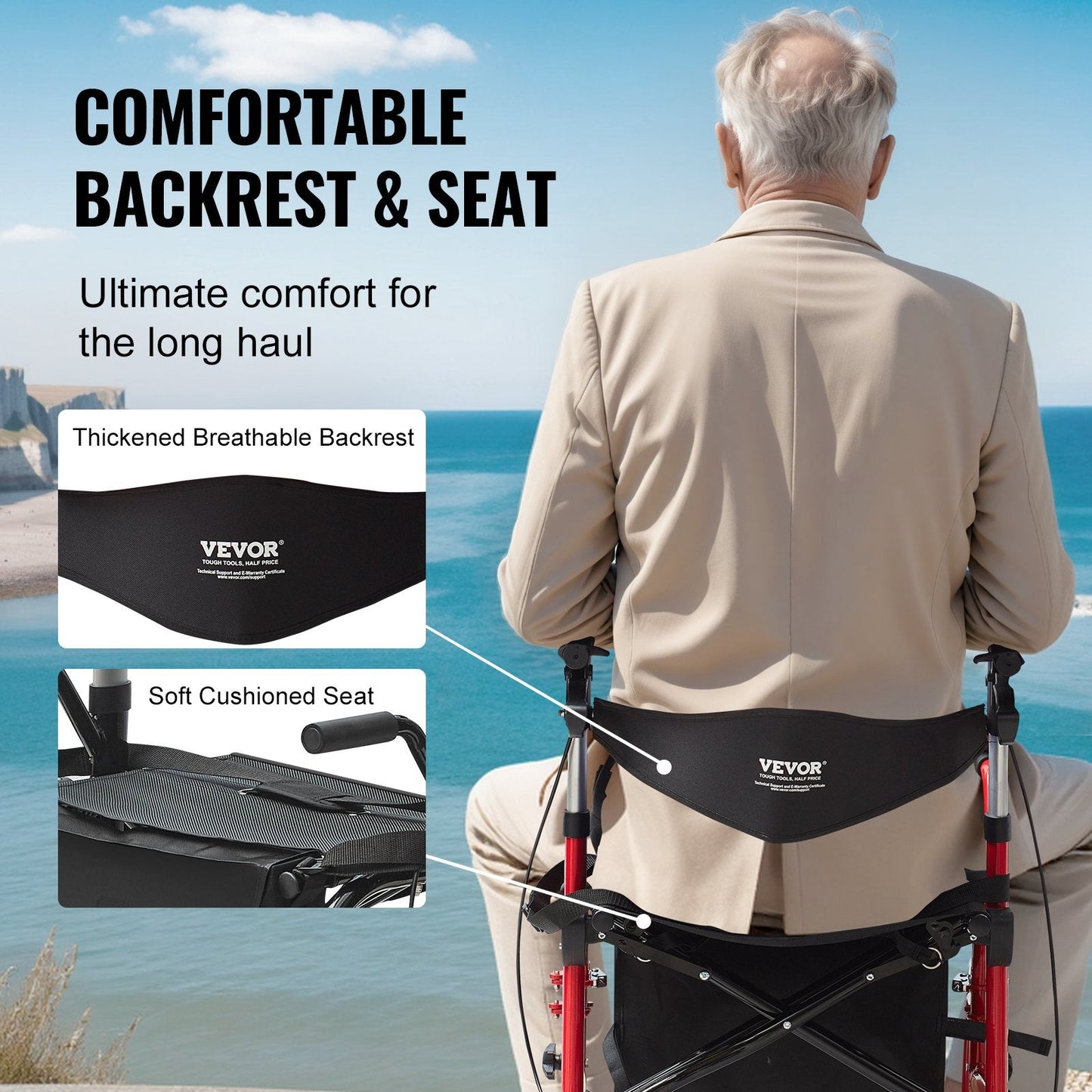 2-in-1 Senior Walker & Transport Chair, Folding Aluminum, 136kg Capacity