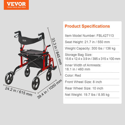 2-in-1 Senior Walker & Transport Chair, Folding Aluminum, 136kg Capacity