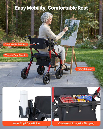 2-in-1 Rollator Walker & Transport Chair for Seniors, Foldable Rolling Walker Wheelchair, Lightweight Aluminum Mobility Walking Aid with Solid PU Wheels, Cup & Cane Holder - Supports 136kg