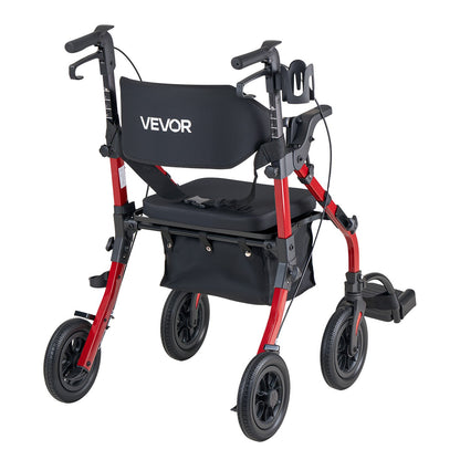 2-in-1 Rollator Walker & Transport Chair for Seniors, Foldable Rolling Walker Wheelchair, Lightweight Aluminum Mobility Walking Aid with Solid PU Wheels, Cup & Cane Holder - Supports 136kg