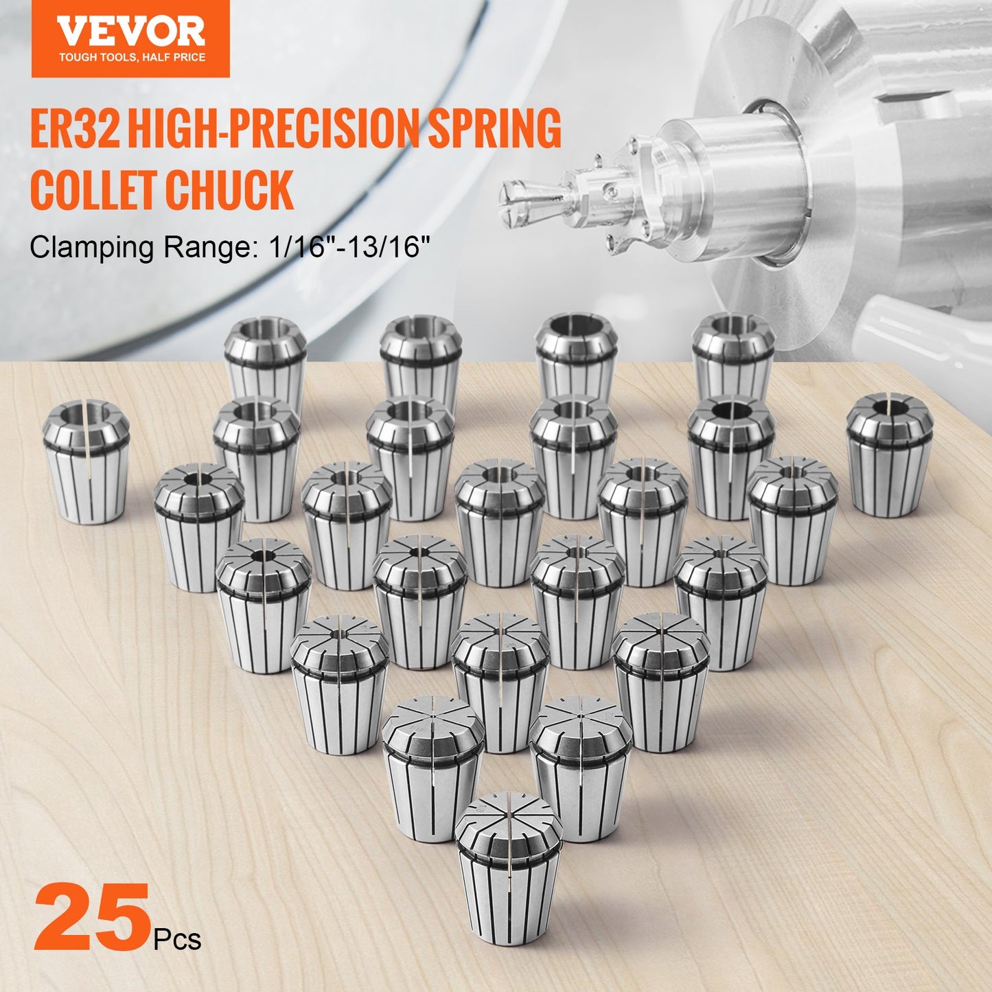 VEVOR 25 pcs ER32 Collet Set, 1/16''-13/16'', ER32 Spring Collet Chuck Set, 0.0006"/15