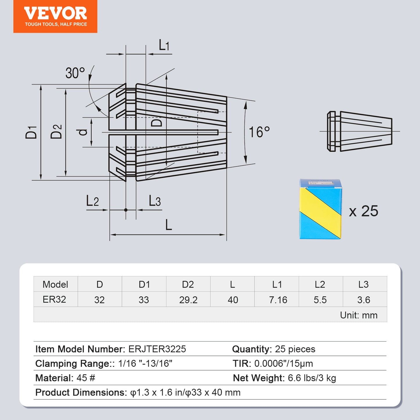 VEVOR 25 pcs ER32 Collet Set, 1/16''-13/16'', ER32 Spring Collet Chuck Set, 0.0006"/15
