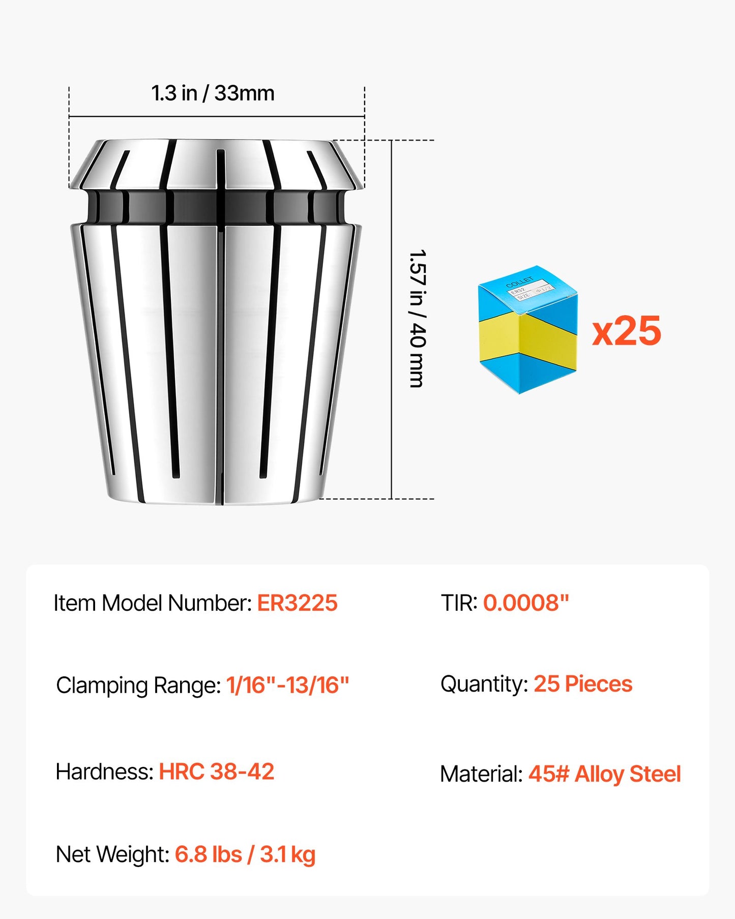 ER32 Collet Set 1/16"-13/16" 25 Piece ER32 Spring Collet Chuck Set, for Milling Machines & Drill Presses, 0.0008" TIR High Concentricity, Precision Lathe Chuck Tool with Storage Box, Alloy Steel