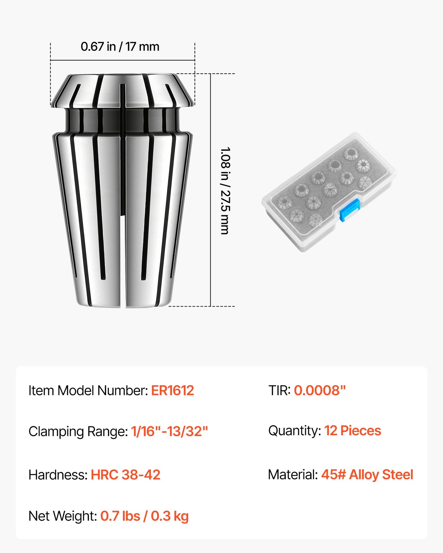 ER16 Collet Set 1/16"-13/32" 12 Piece ER16 Spring Collet Chuck Set, for CNC Milling Machines & Drill Presses, 0.0008" TIR High Concentricity, Lathe Chuck Tool with Storage Case, Alloy Steel