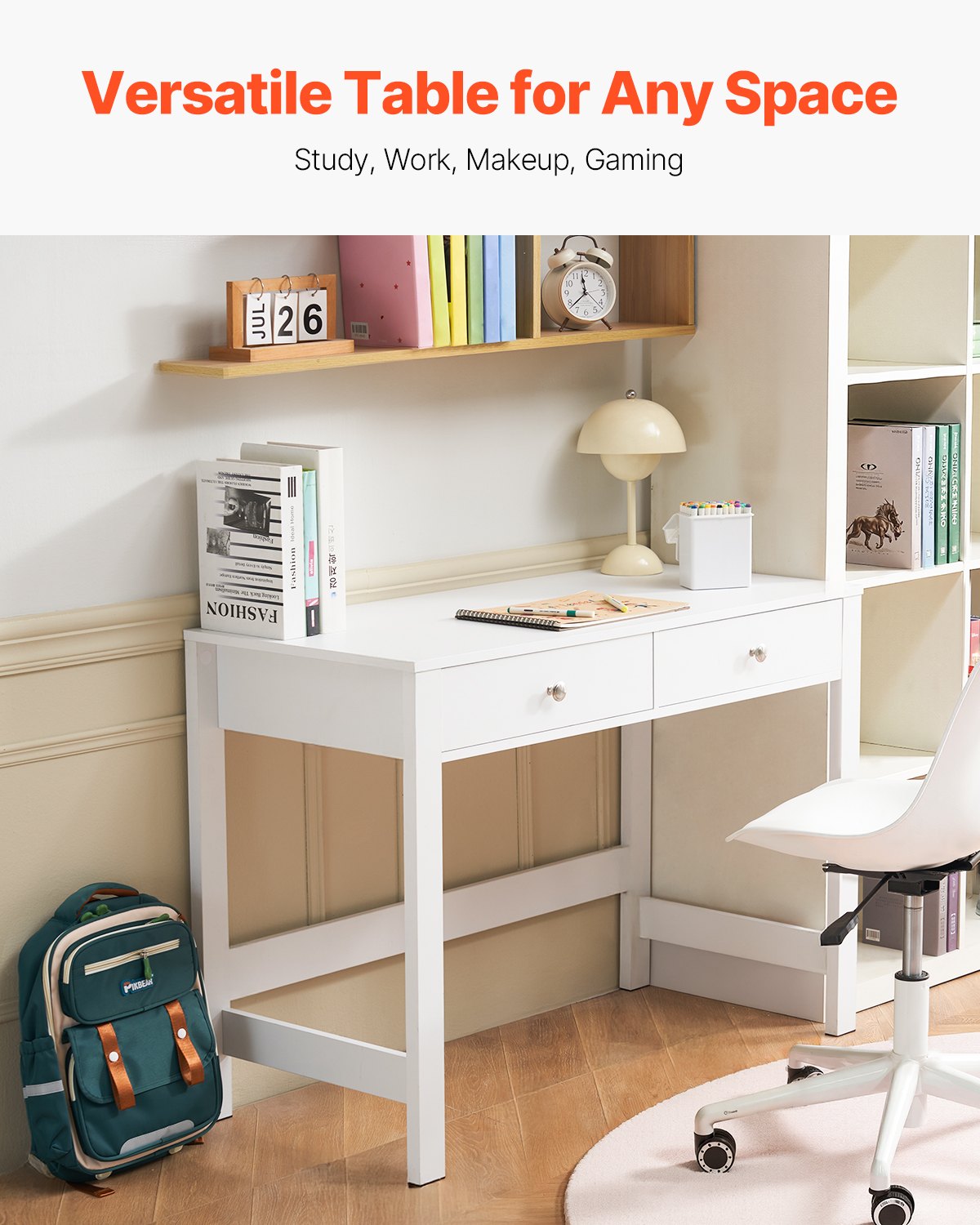 Small Desk with Drawers, Kids Desk for Bedroom, Modern Simple Study Table for Drawing, Reading, Writing, Rectangle MDF Furniture Study Storage Table for Home, Office, White