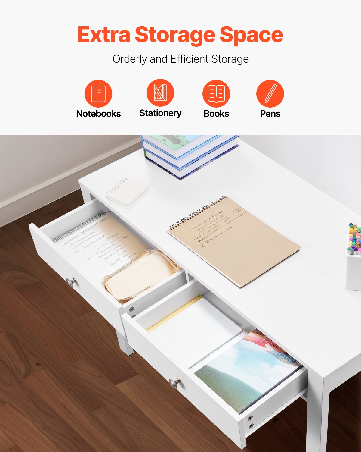 Small Desk with Drawers, Kids Desk for Bedroom, Modern Simple Study Table for Drawing, Reading, Writing, Rectangle MDF Furniture Study Storage Table for Home, Office, White