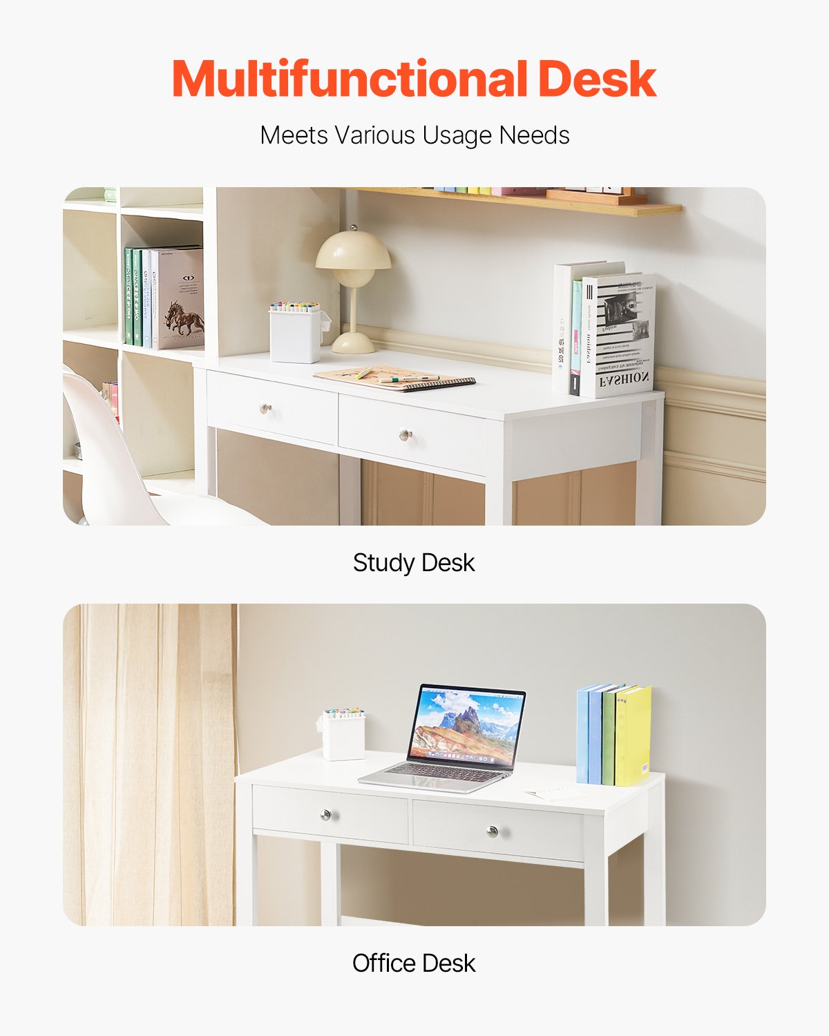 Small Desk with Drawers, Kids Desk for Bedroom, Modern Simple Study Table for Drawing, Reading, Writing, Rectangle MDF Furniture Study Storage Table for Home, Office, White