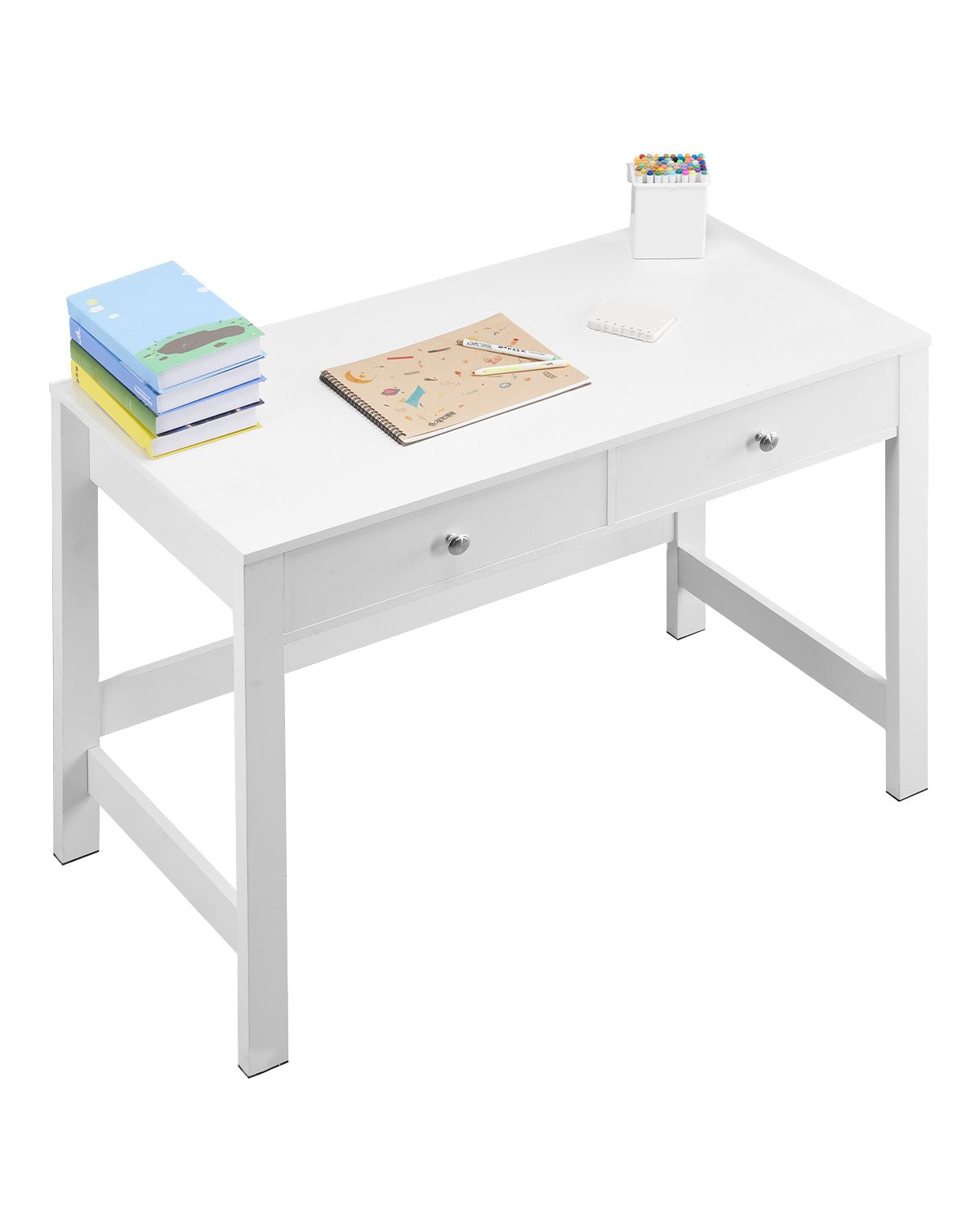 Small Desk with Drawers, Kids Desk for Bedroom, Modern Simple Study Table for Drawing, Reading, Writing, Rectangle MDF Furniture Study Storage Table for Home, Office, White
